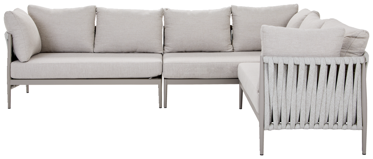 L-förmige Loungegarnitur in hellem Grau, Vorderansicht mit seitlicher Perspektive auf die Rückseite.