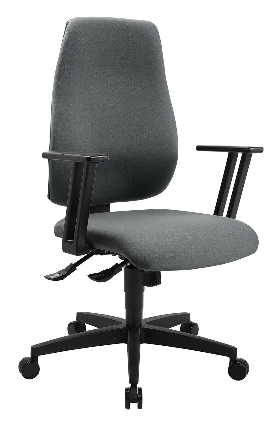 Ergonomischer Bürostuhl mit verstellbaren Armlehnen und Rollen, seitliche Perspektive
