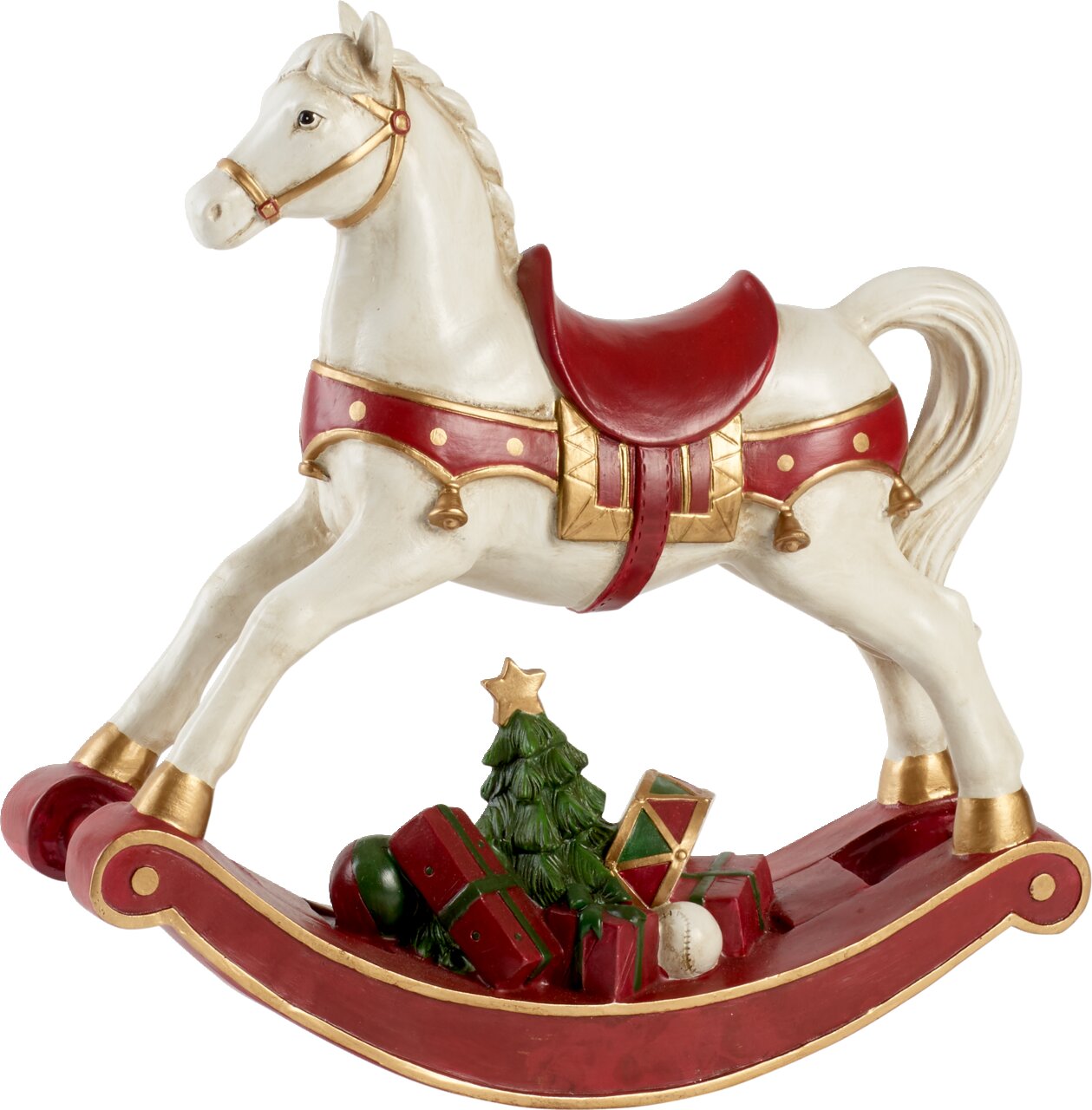 Villeroy & Boch Schaukelpferd Deko Schaukelpferd XL in seitlicher Ansicht mit rotem Sattel und weihnachtlichen Geschenken darunter.