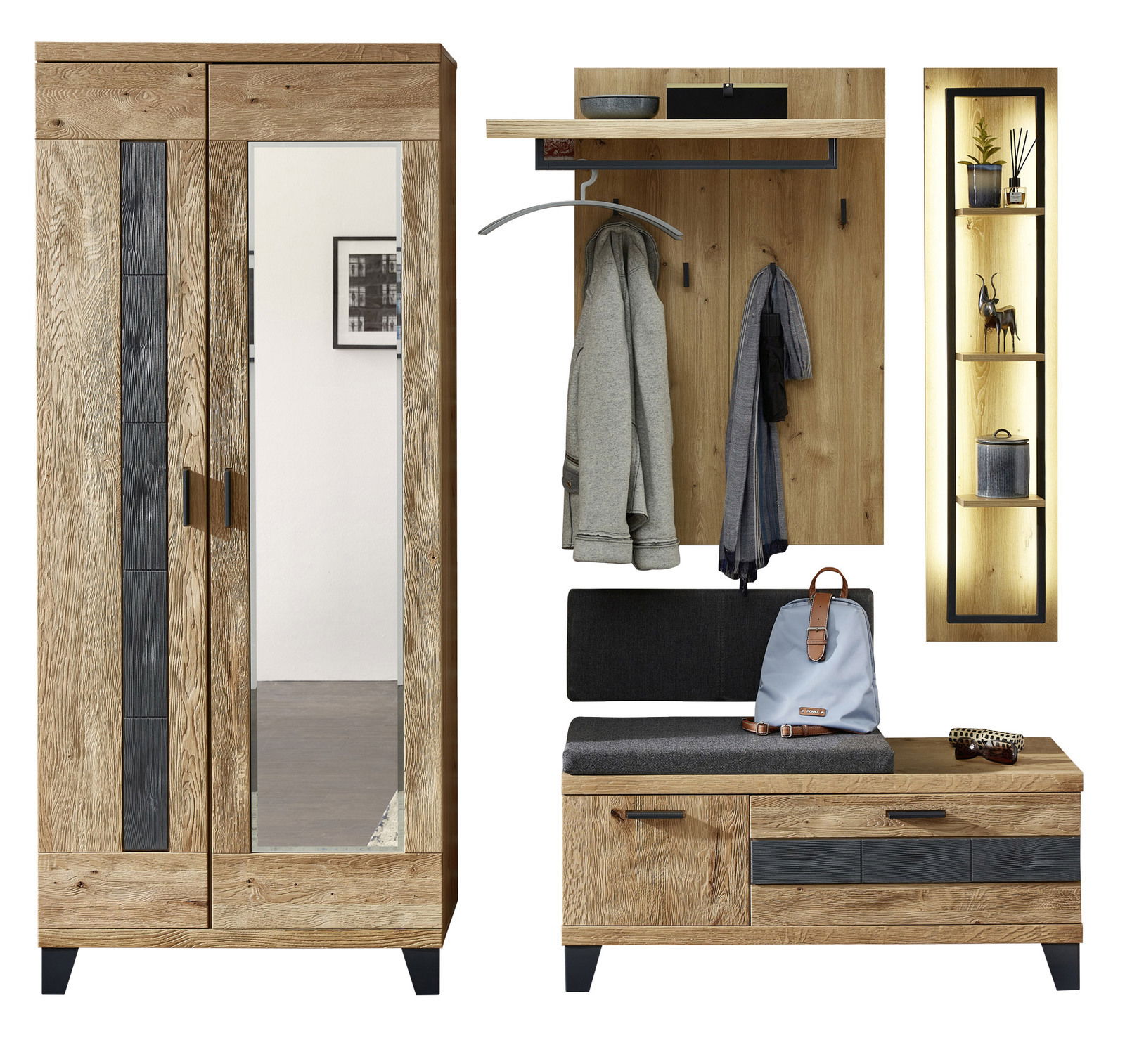 Garderobenkombination Set 81 in Holzoptik mit Spiegel, Kleiderhaken, Sitzbank und beleuchtetem Regal, frontal betrachtet.