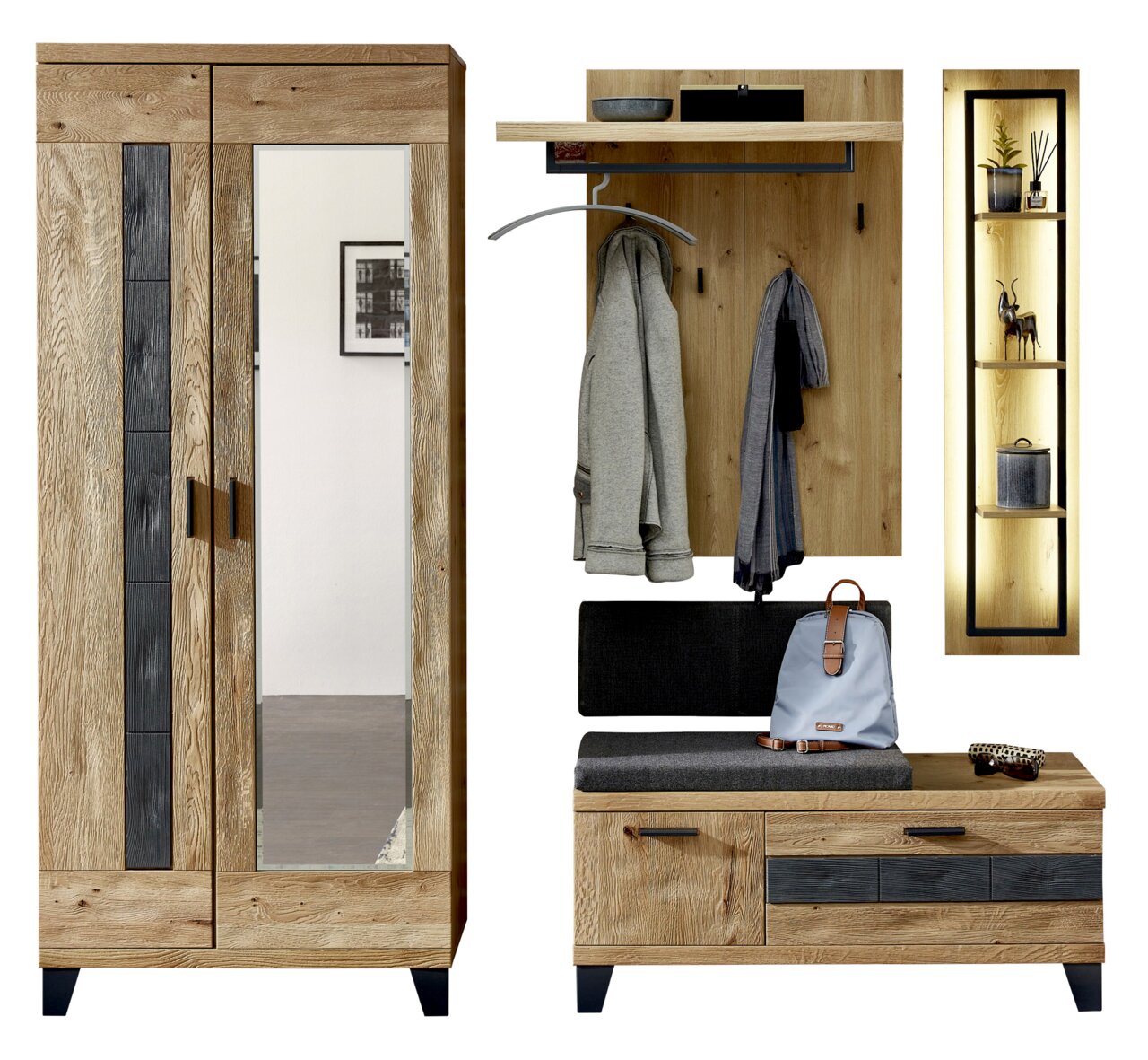 Linea Natura Garderobenkombination PERSIKO Garderobenkombination Set 81 in Holzoptik mit Spiegel, Kleiderhaken, Sitzbank und beleuchtetem Regal, frontal betrachtet.