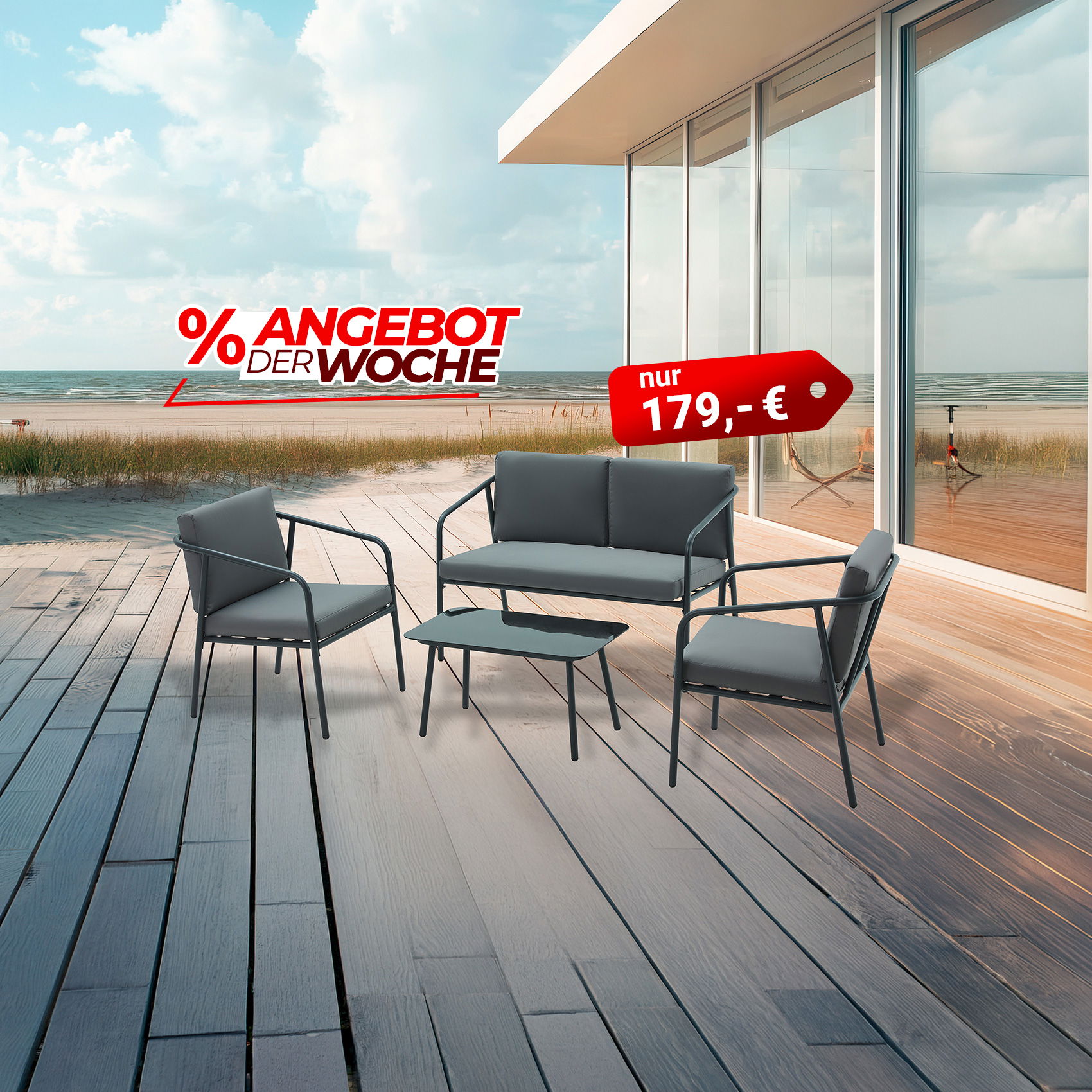 Gartenlounge mit Sofa, zwei Sesseln und Tisch auf Terrasse am Strand, Angebot der Woche für 179 €