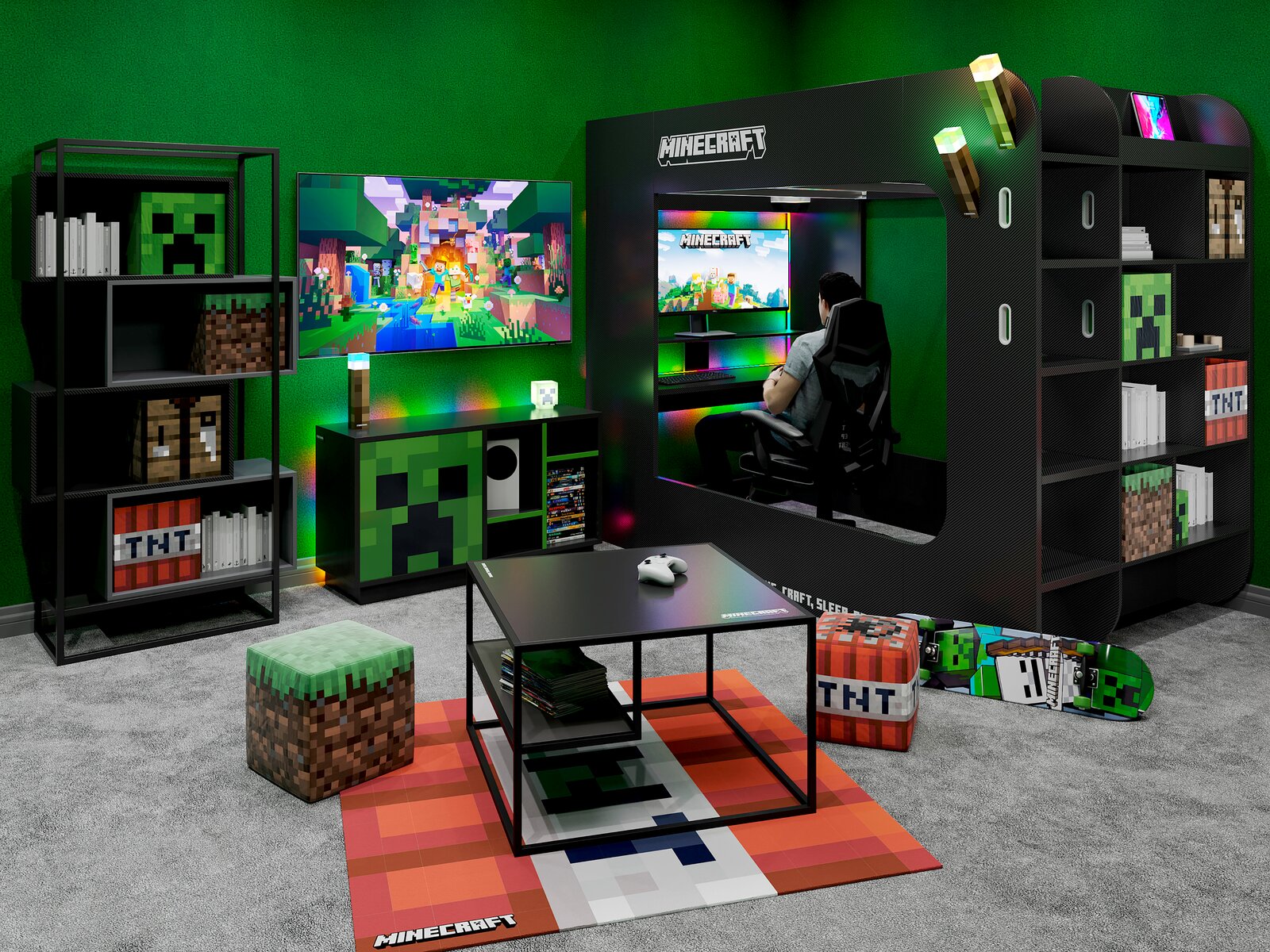 Minecraft-gamekamer met een zwart gamingbed/hoogslaper met ingebouwd bureau en monitor, ledverlichting, planken en decoraties in Creeper- en TNT-stijl; perspectief: breedhoekopname van voren, licht van links.