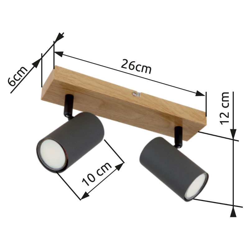 Zweiflammiger Strahler aus Metall in Graphit dunkel mit Holzhalterung, seitliche Perspektive