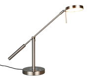 Moderne LED-Schreibtischleuchte aus Metall in seitlicher Perspektive mit verstellbarem Arm und rundem Lampenkopf.