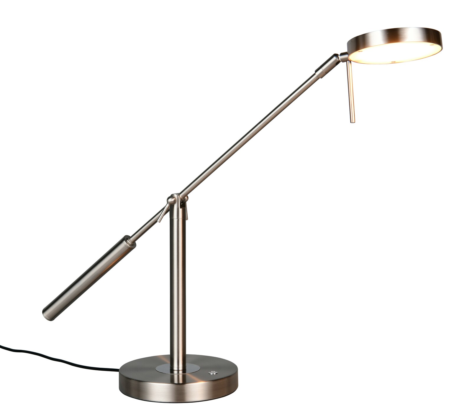 Moderne LED-Schreibtischleuchte aus Metall in seitlicher Perspektive mit verstellbarem Arm und rundem Lampenkopf.