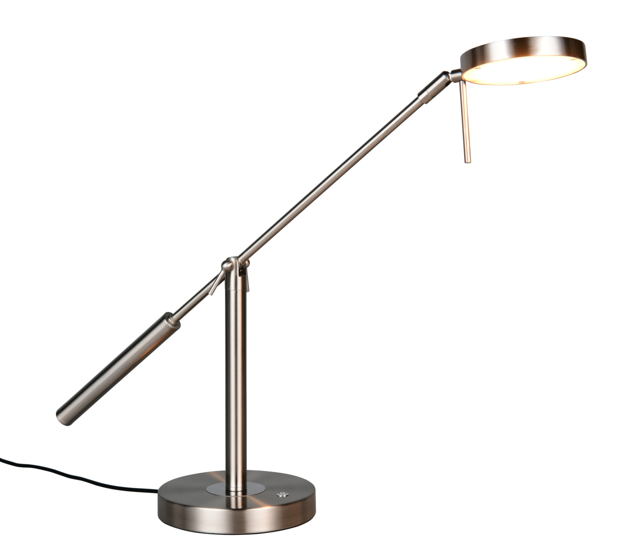 Moderne LED-Schreibtischleuchte aus Metall in seitlicher Perspektive mit verstellbarem Arm und rundem Lampenkopf.