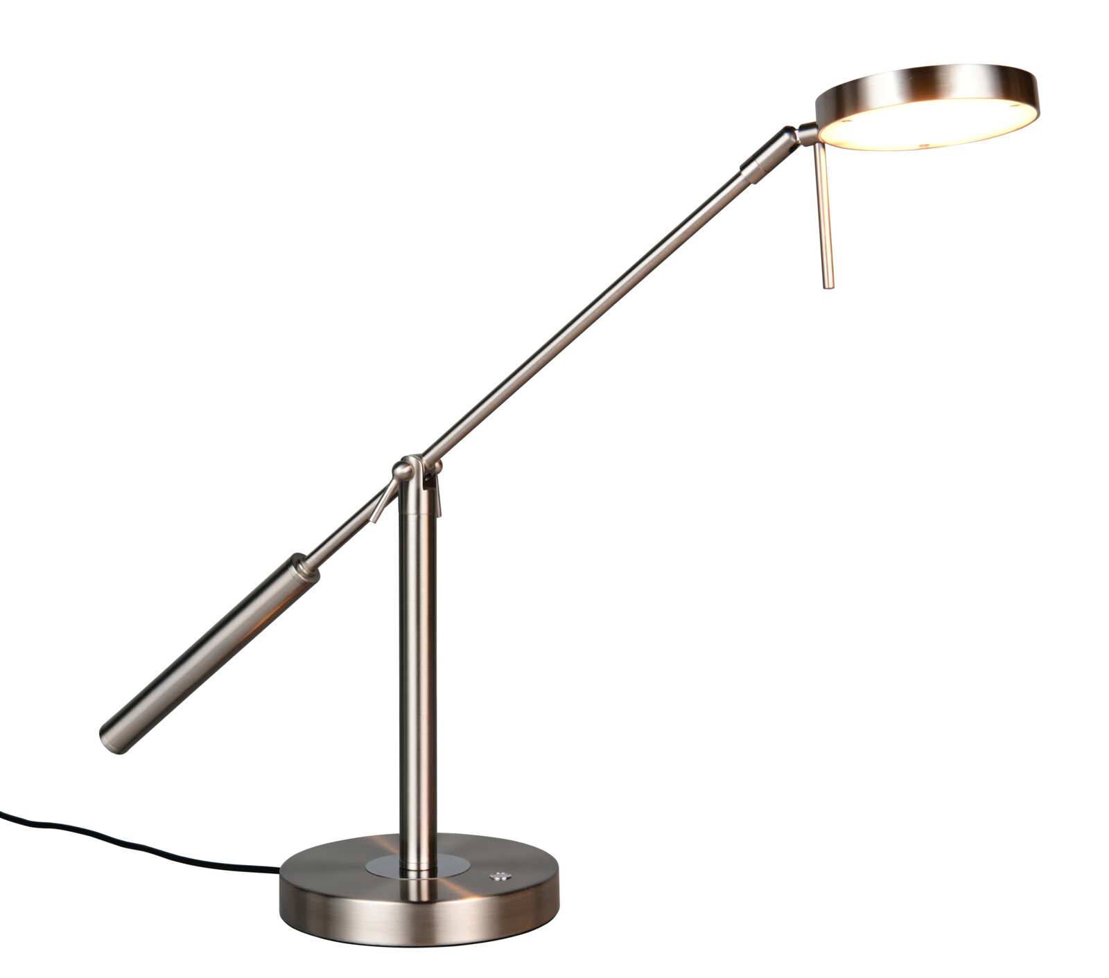 Moderne LED-Schreibtischleuchte aus Metall in seitlicher Perspektive mit verstellbarem Arm und rundem Lampenkopf.