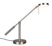 Moderne LED-Schreibtischleuchte aus Metall in seitlicher Perspektive mit verstellbarem Arm und rundem Lampenkopf.