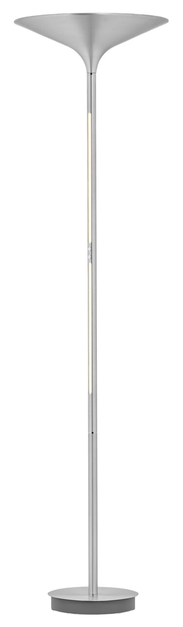 Moderne LED-Stehleuchte in silberner Farbe, frontal abgebildet mit schlankem Design und rundem Sockel.