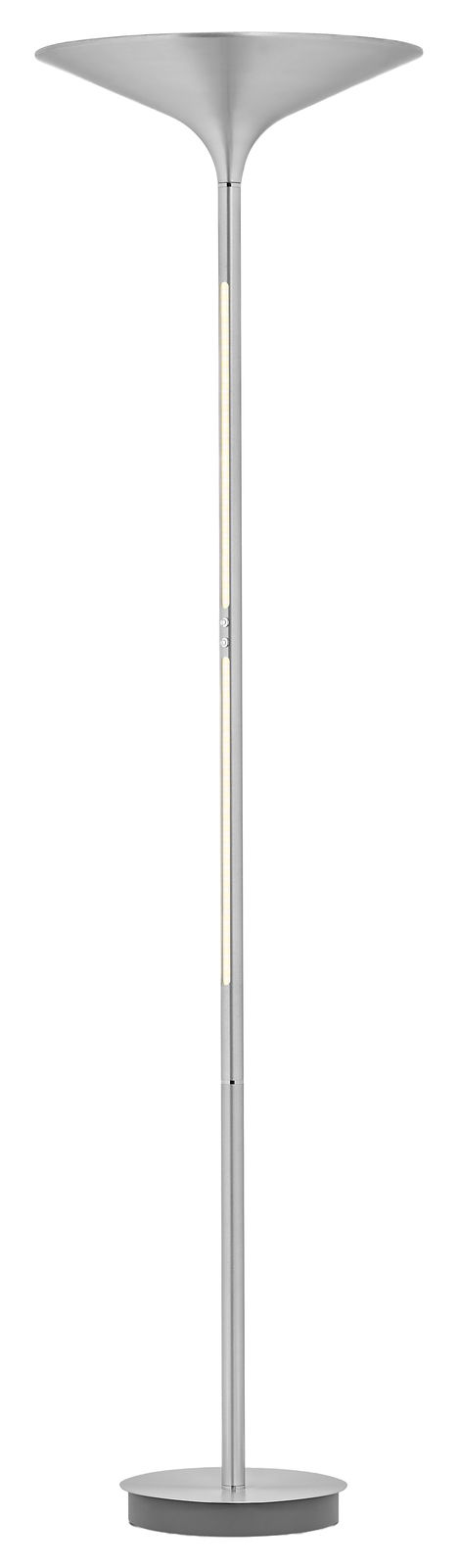 Moderne LED-Stehleuchte in silberner Farbe, frontal abgebildet mit schlankem Design und rundem Sockel.