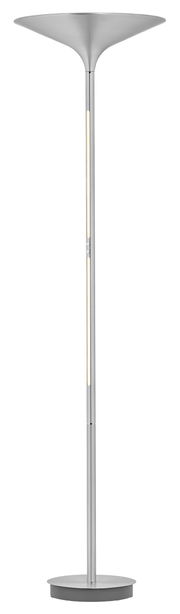 Moderne LED-Stehleuchte in silberner Farbe, frontal abgebildet mit schlankem Design und rundem Sockel.