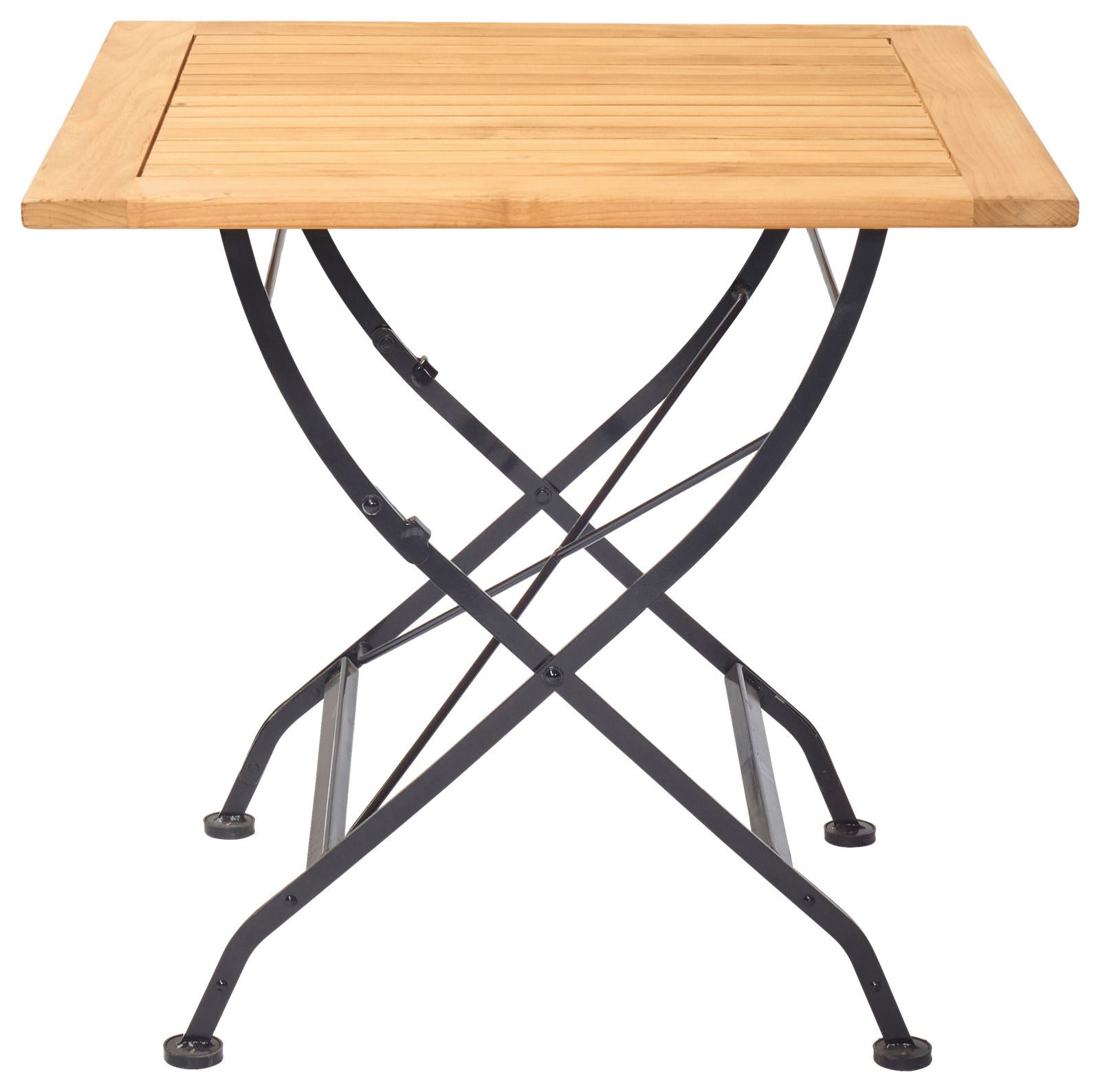 Kleiner klappbarer Gartentisch aus Holz mit Metallgestell, Frontalansicht