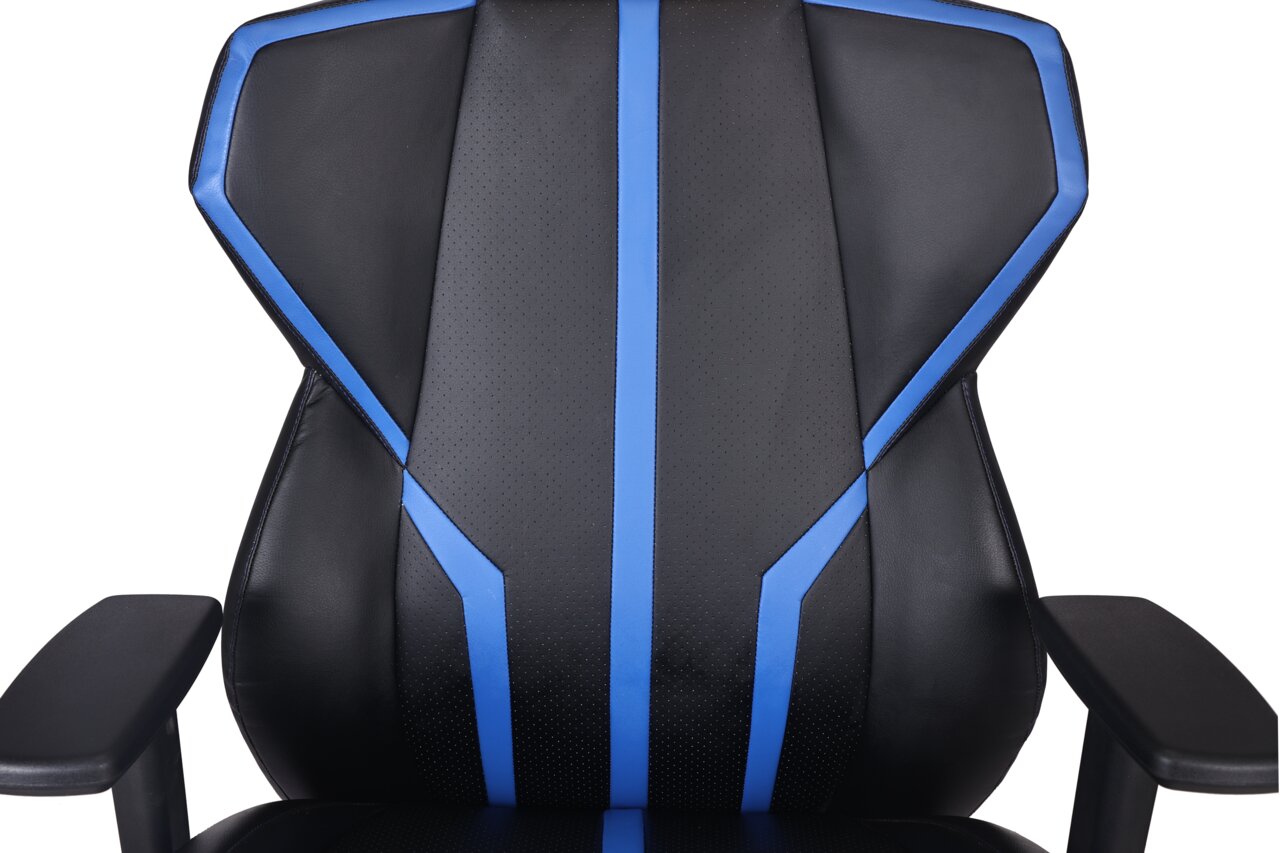 Gaming Stuhl in Schwarz mit blauen Akzenten, Vorderansicht