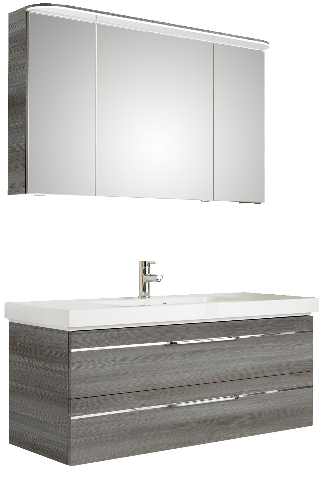 Moderner Badblock mit grauem Holzfinish, bestehend aus einem Waschtisch mit zwei Schubladen und einem darüber hängenden Spiegelschrank. Frontalansicht.