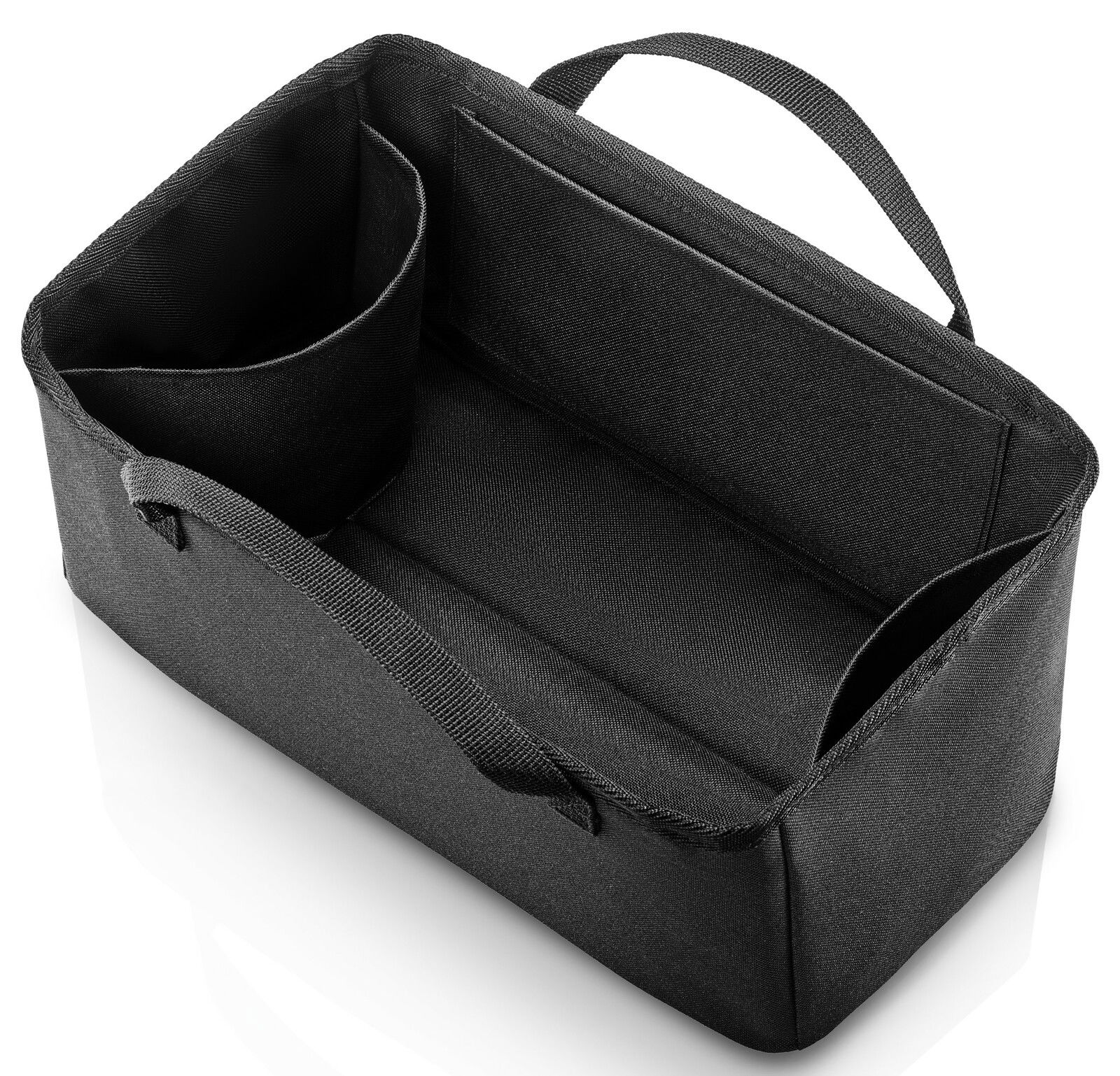 Schwarzer Organizer mit mehreren Fächern und Tragegriff, Ansicht von oben.