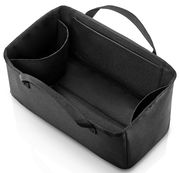 Schwarzer Organizer mit mehreren Fächern und Tragegriff, Ansicht von oben.