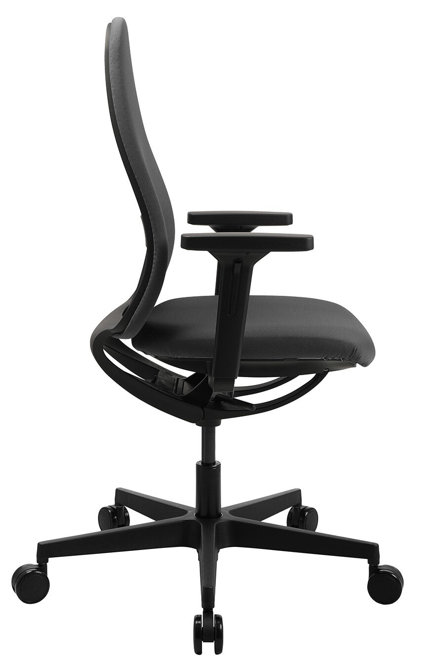 Seitenansicht eines schwarzen Bürostuhls Topstar SOFT SITNESS ART G mit Armlehnen und Rollen.
