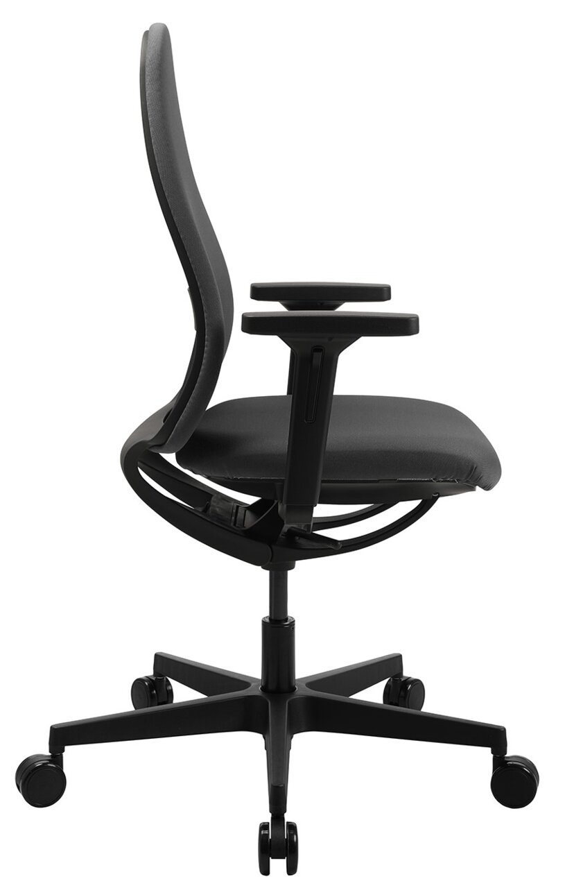 Seitenansicht eines schwarzen Bürostuhls Topstar SOFT SITNESS ART G mit Armlehnen und Rollen.