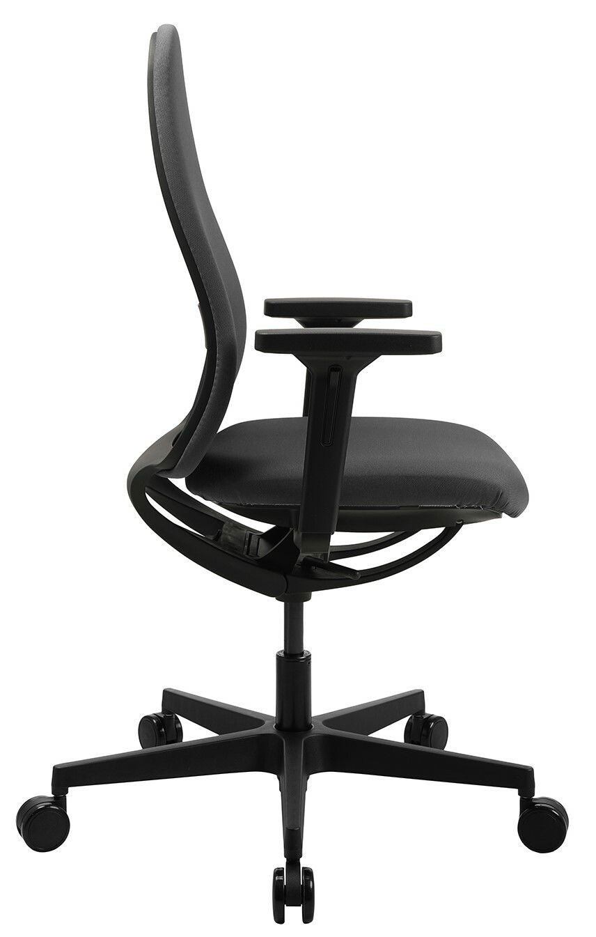Seitenansicht eines schwarzen Bürostuhls Topstar SOFT SITNESS ART G mit Armlehnen und Rollen.