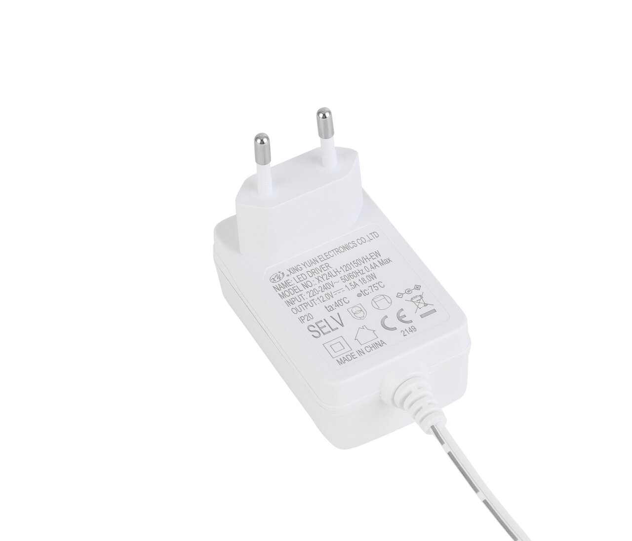 Netzteil für LED-Schreibtischleuchte, weiße Farbe, europäischer Stecker, von oben fotografiert
