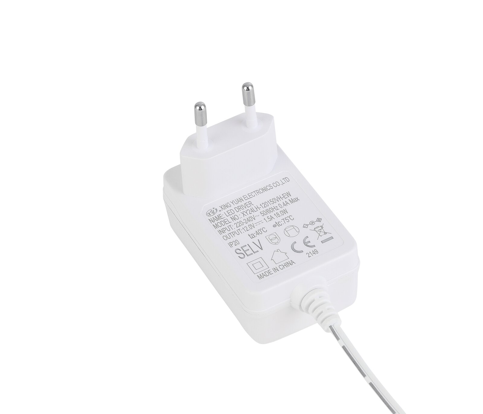 Netzteil für LED-Schreibtischleuchte, weiße Farbe, europäischer Stecker, von oben fotografiert