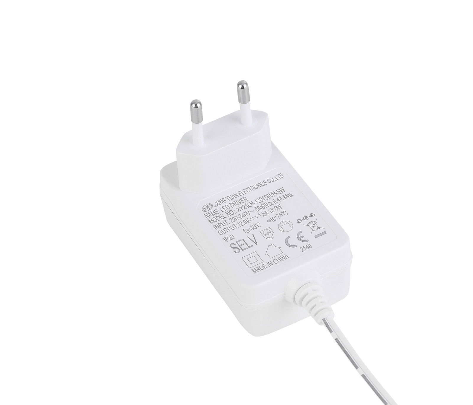 Netzteil für LED-Schreibtischleuchte, weiße Farbe, europäischer Stecker, von oben fotografiert