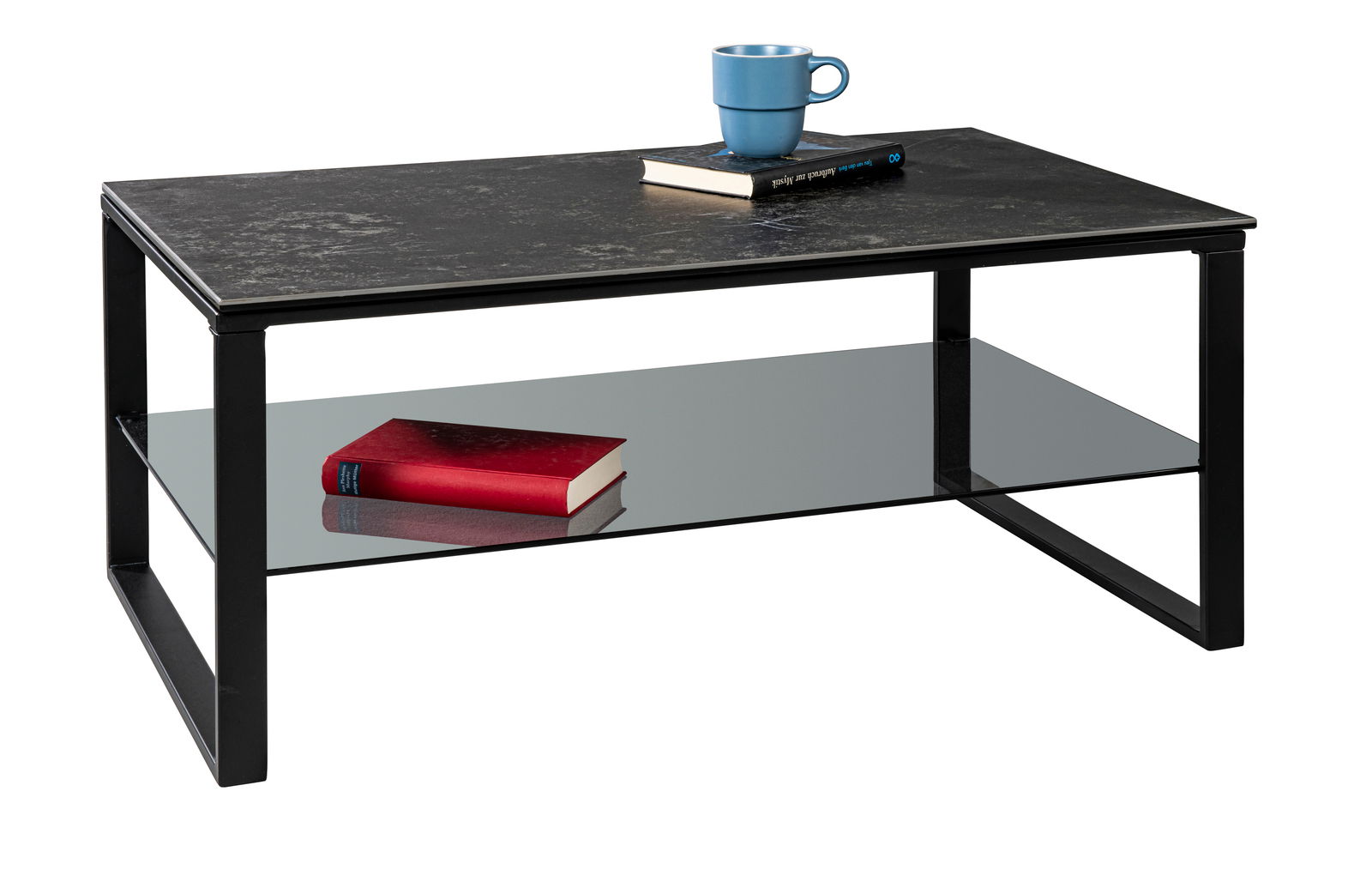 Moderner Couchtisch mit schwarzer Tischplatte und Glasablage, seitliche Perspektive, mit blauer Tasse und Büchern dekoriert.