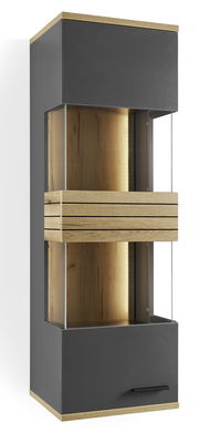 Moderne Hängevitrine mit Glasfronten und Holzdetails, seitliche Perspektive