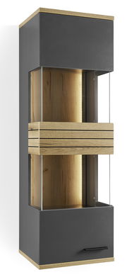 Moderne Hängevitrine mit Glasfronten und Holzdetails, seitliche Perspektive