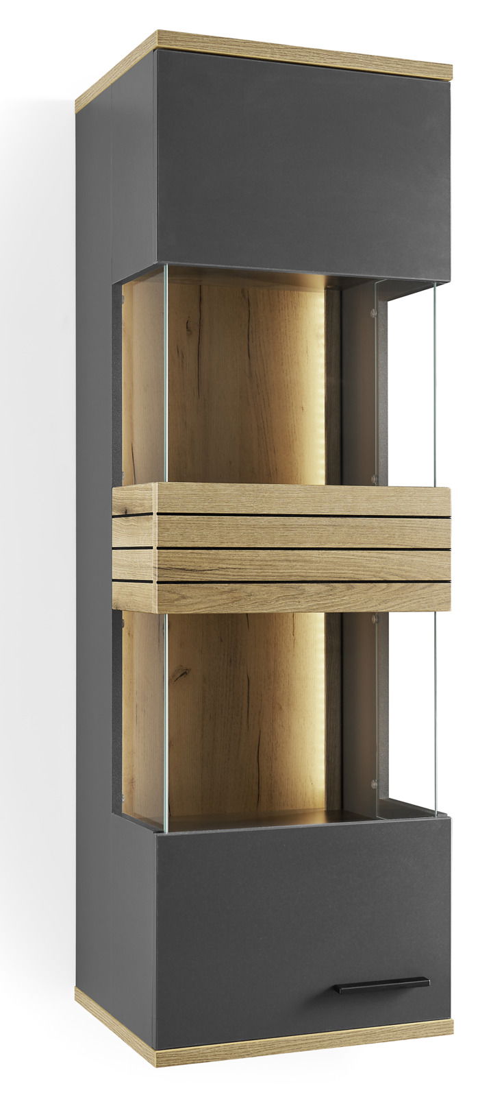 Moderne Hängevitrine mit Glasfronten und Holzdetails, seitliche Perspektive