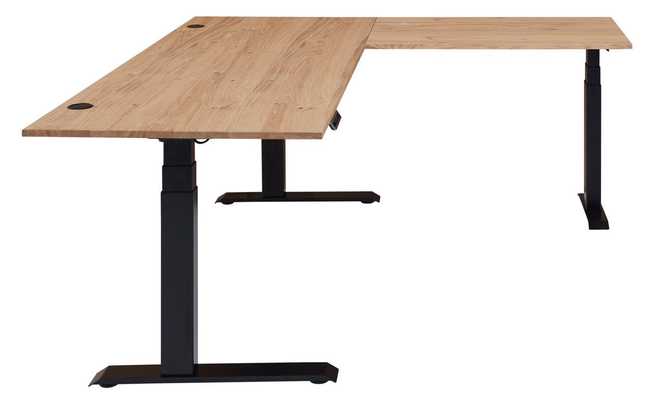 Moderner E-Eckschreibtisch mit Holzfurnier und schwarzem Metallgestell, seitliche Perspektive