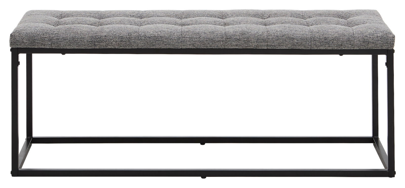 Graue Polsterbank mit Metallrahmen, seitliche Perspektive