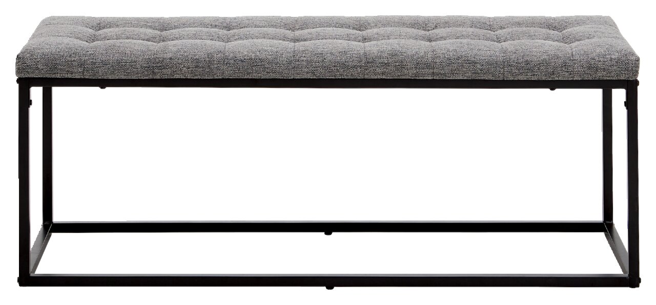 Graue Polsterbank mit Metallrahmen, seitliche Perspektive