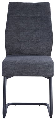 Moderner Schwingstuhl mit grauem Stoffbezug und schwarzem Metallgestell, Frontalansicht