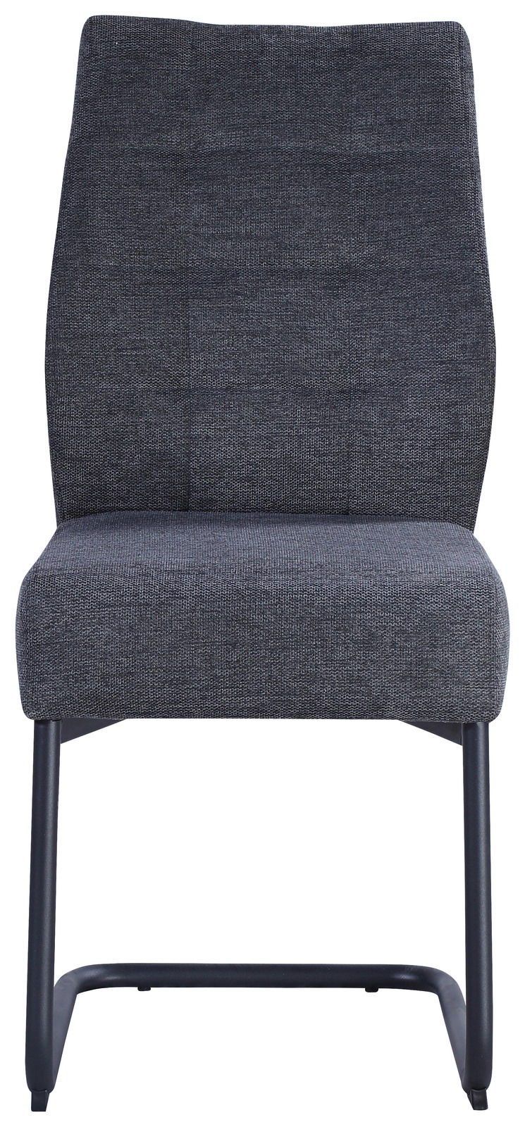 Moderner Schwingstuhl mit grauem Stoffbezug und schwarzem Metallgestell, Frontalansicht