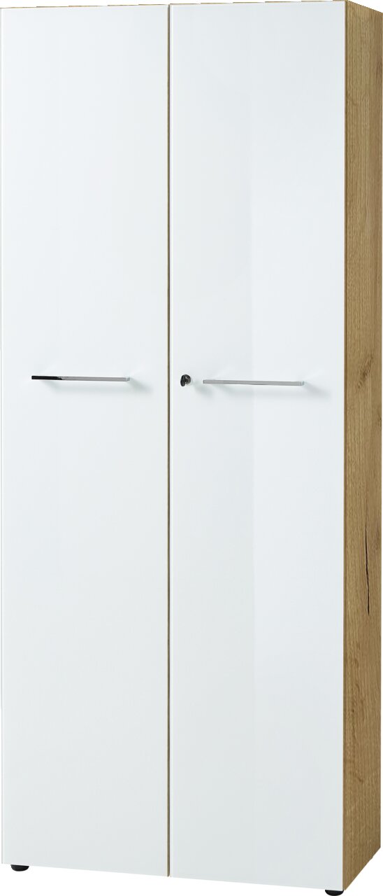 Moderner Aktenschrank der Serie MONTERIA von XORA mit zwei weißen Türen und Holzseitenansicht, Frontalansicht.