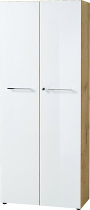 Moderner Aktenschrank der Serie MONTERIA von XORA mit zwei weißen Türen und Holzseitenansicht, Frontalansicht.