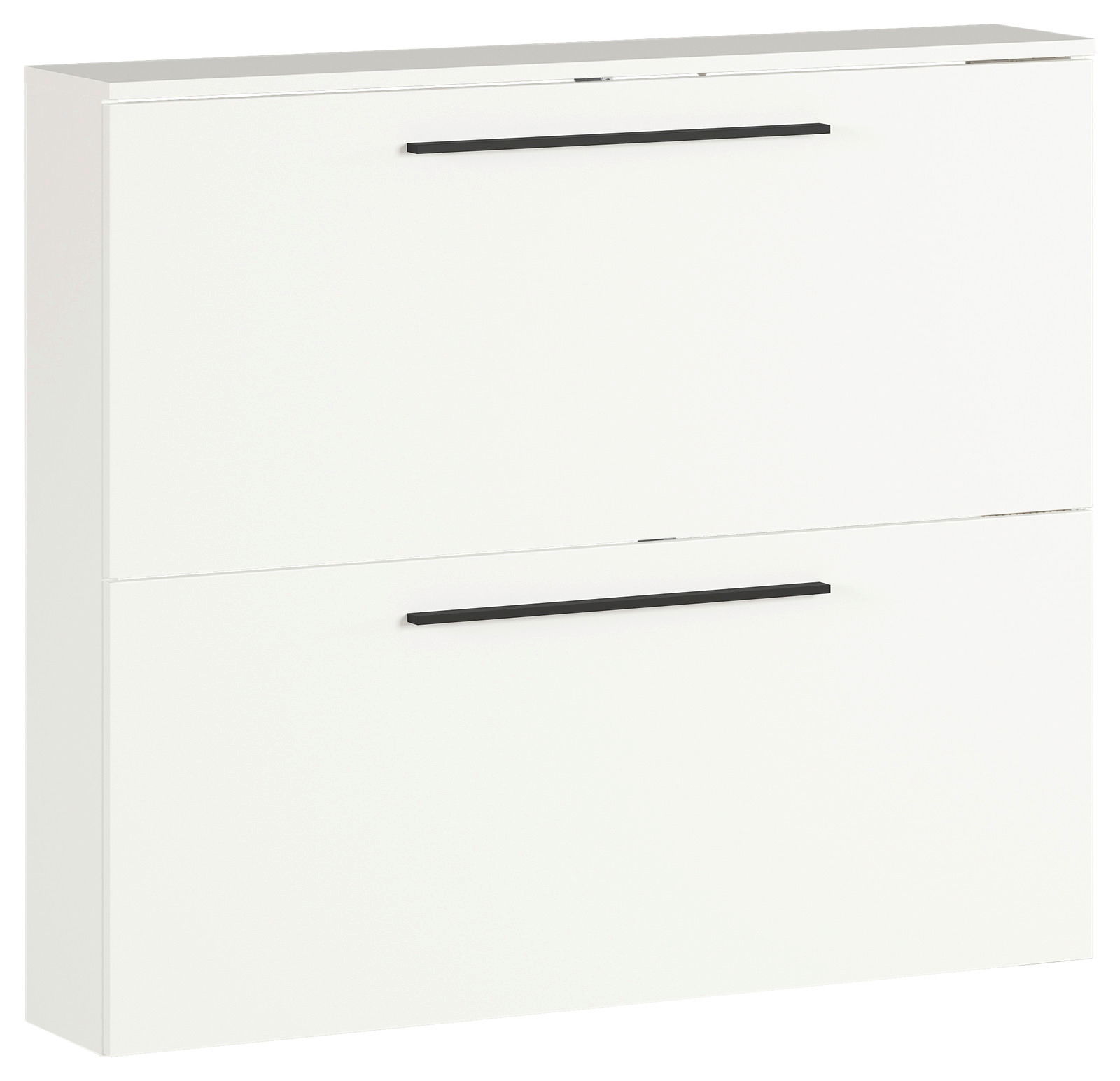 Weißer Schuhschrank mit zwei Klappen und schwarzen Griffen, seitliche Perspektive