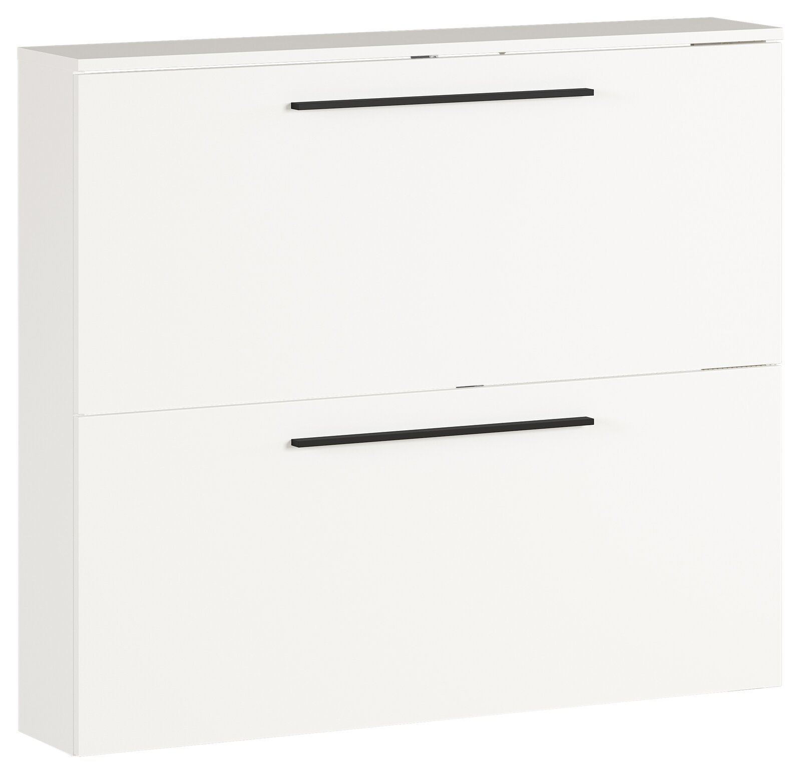 Weißer Schuhschrank mit zwei Klappen und schwarzen Griffen, seitliche Perspektive