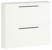 Weißer Schuhschrank mit zwei Klappen und schwarzen Griffen, seitliche Perspektive