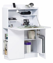 Weißer Sekretär mit mehreren Regalfächern, einer ausklappbaren Arbeitsfläche und Stauraum für Bücher und Elektronik, seitliche Perspektive.