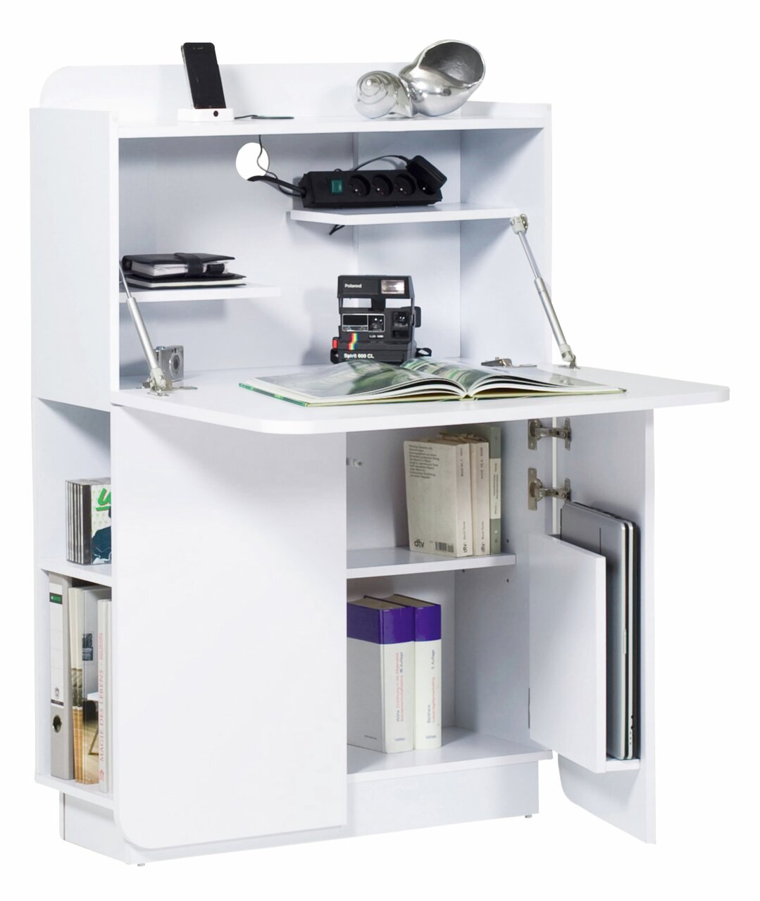 Weißer Sekretär mit mehreren Regalfächern, einer ausklappbaren Arbeitsfläche und Stauraum für Bücher und Elektronik, seitliche Perspektive.