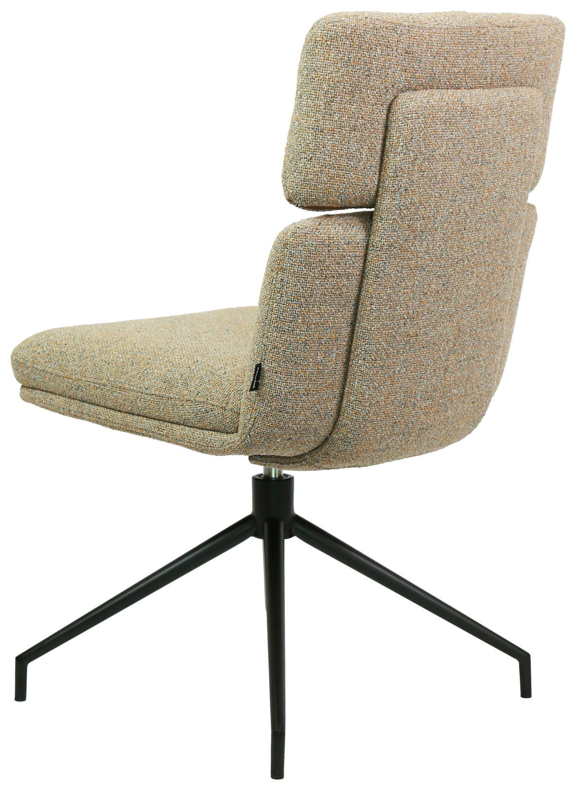 Moderner Stuhl mit gepolsterter Rückenlehne und Sitzfläche, seitliche Perspektive, schwarzes Metallgestell mit vier Beinen.