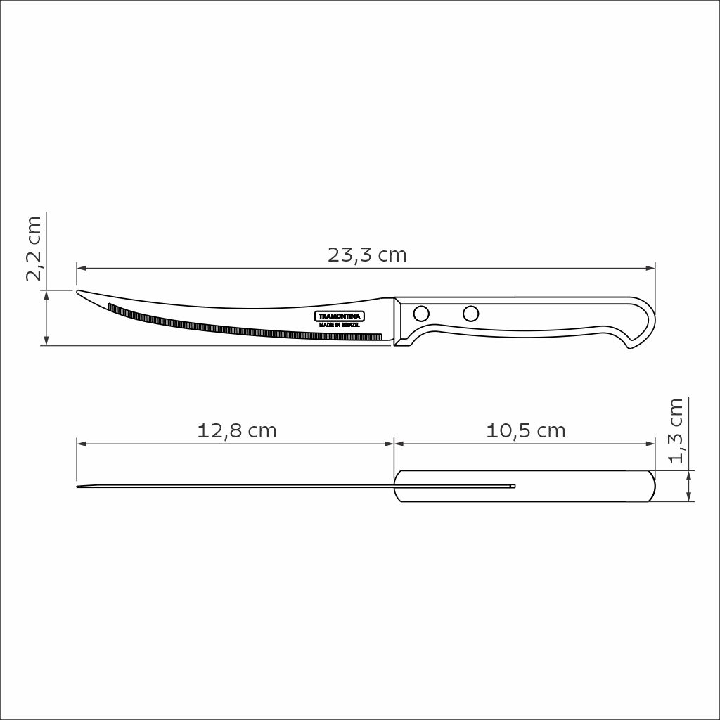 Technische Zeichnung eines Tomatenmessers mit Maßen, Seitenansicht und Draufsicht.
