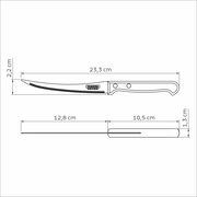Technische Zeichnung eines Tomatenmessers mit Maßen, Seitenansicht und Draufsicht.