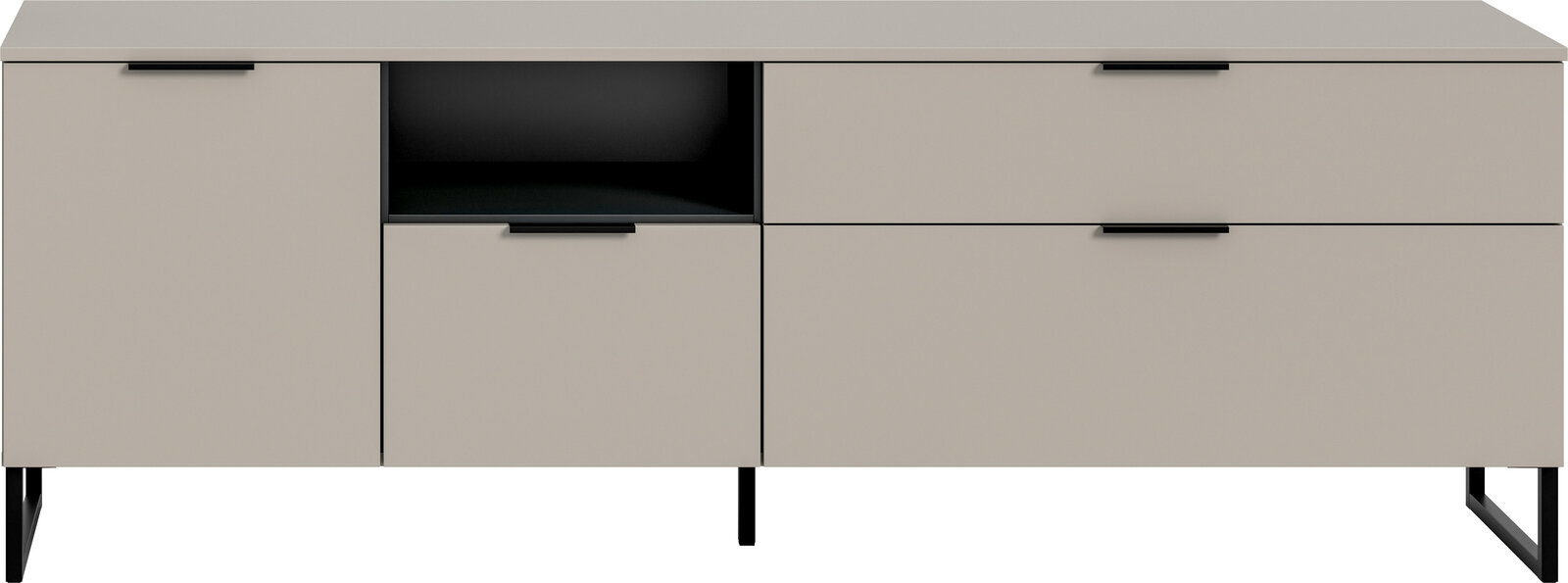 Modernes Sideboard in Hellgrau mit schwarzem Metallgestell, links eine Tür, mittig offenes Fach und darunter eine Tür, rechts zwei breite Schubladen mit schwarzen Griffleisten, Frontansicht