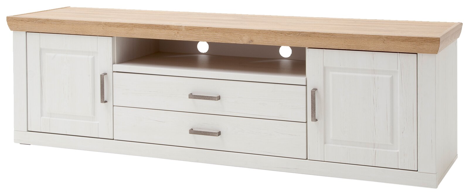 Landscape TV-Lowboard BREGENZ Weißes TV-Lowboard im Landhausstil mit naturfarbener Holzplatte, zwei Türen, zwei Schubladen und offenem Fach mit Kabeldurchführungen, freigestellt auf weißem Hintergrund, Perspektive: frontale leicht schräge Ansicht von vorn.