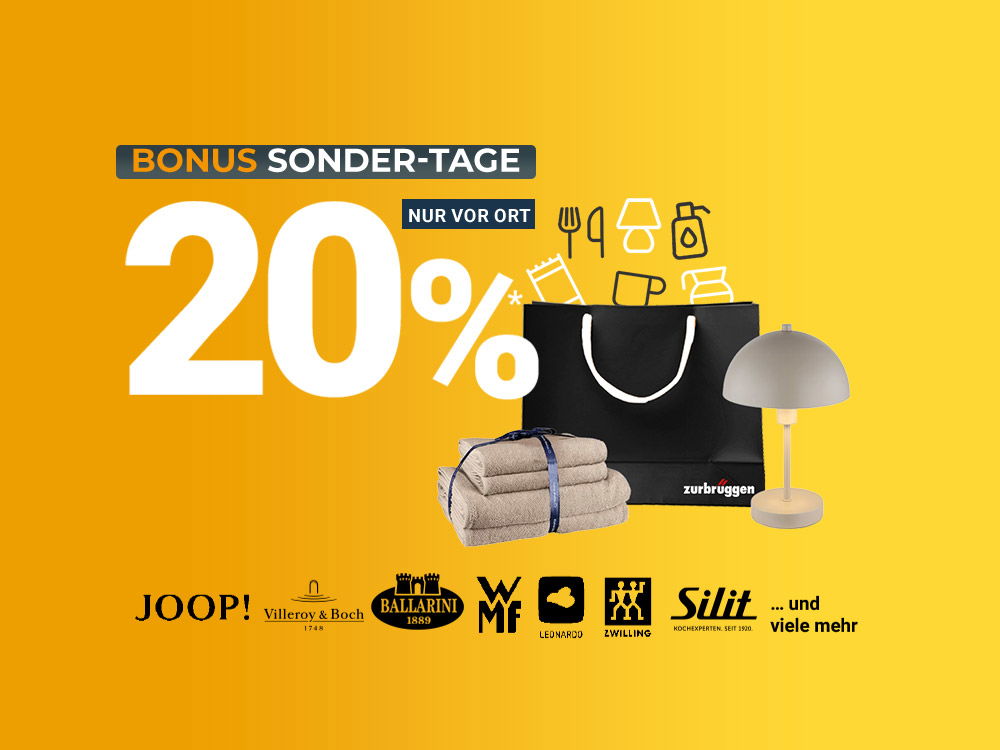 Gelber Hintergrund mit Einkaufstasche, Handtüchern, Tischlampe und „Bonus Sonder-Tage“-Aktion