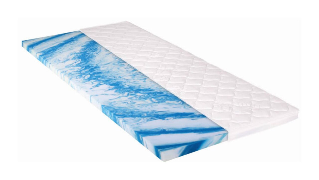 Intro Gelschaumtopper TOPPER Gelschaumtopper mit blau-weißer Marmorierung, seitliche Perspektive